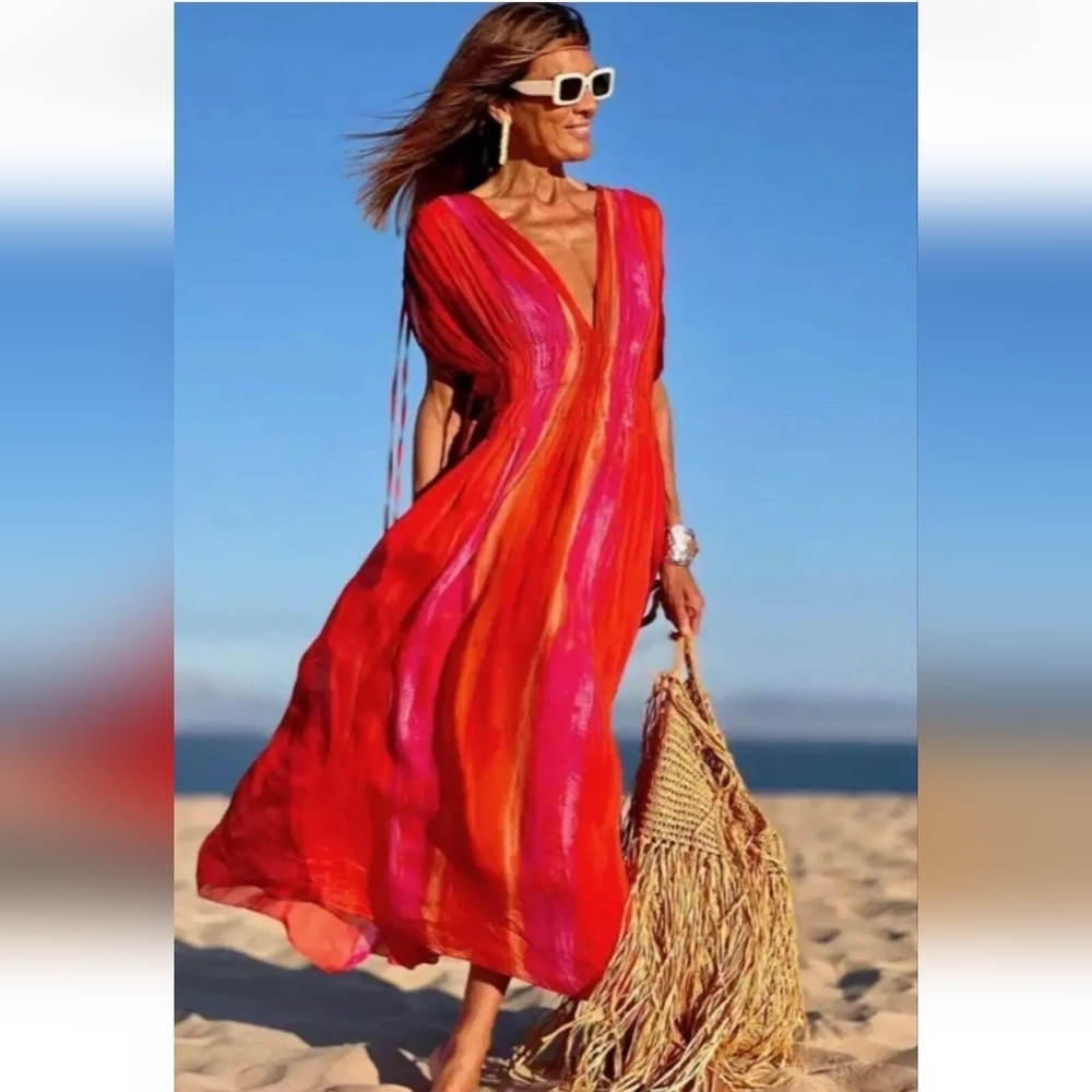 ZARA Watercolor Chiffon Tie Dye V Neck Tie Beaded Side Ties Maxi Dress Boho Sz S